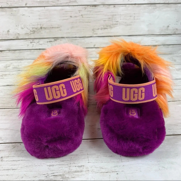 Ugg Fluff Yeah Tie Dye Slides Fluffy Slippers Orange Yellow Purple Logo - Picture 2 of 8